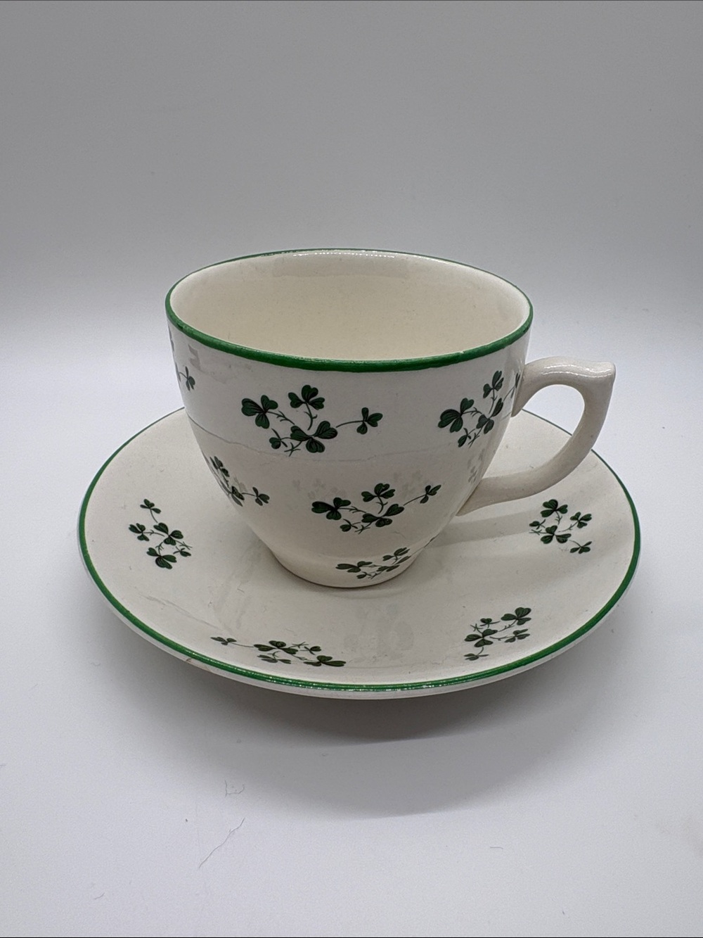White Ceramic Teacup & Saucer with Green Shamrock Pattern Carrigaline